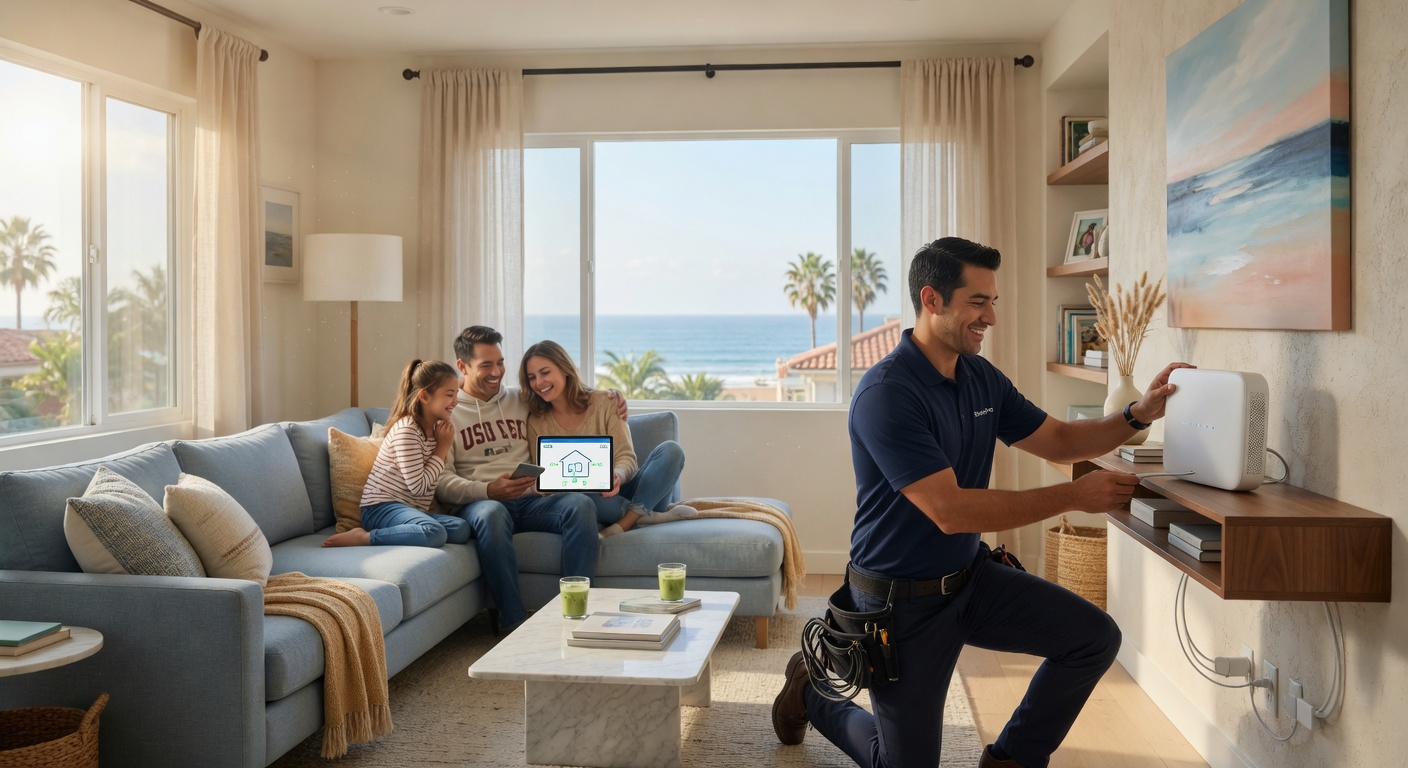 Professional technician installing mesh Wi-Fi in a bright, modern South Bay living room while a family watches
